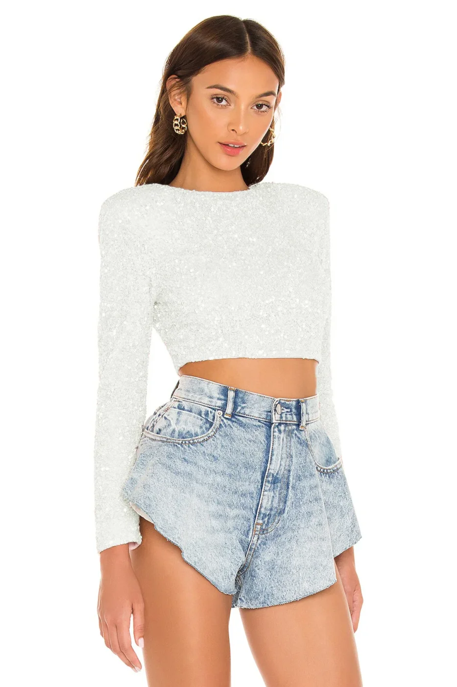 Gece Şıklığı Için Işıltılı ,tasarım.kadın Beyaz Vatkalı Payet Crop Top, — 2