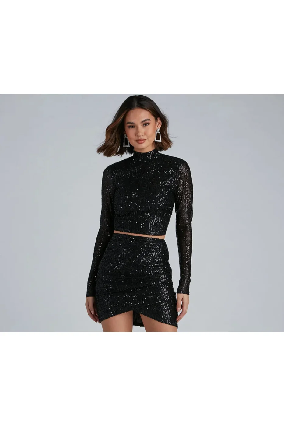 KADIN SİYAH BİSİKLET YAKA PAYET CROP TOP — 2