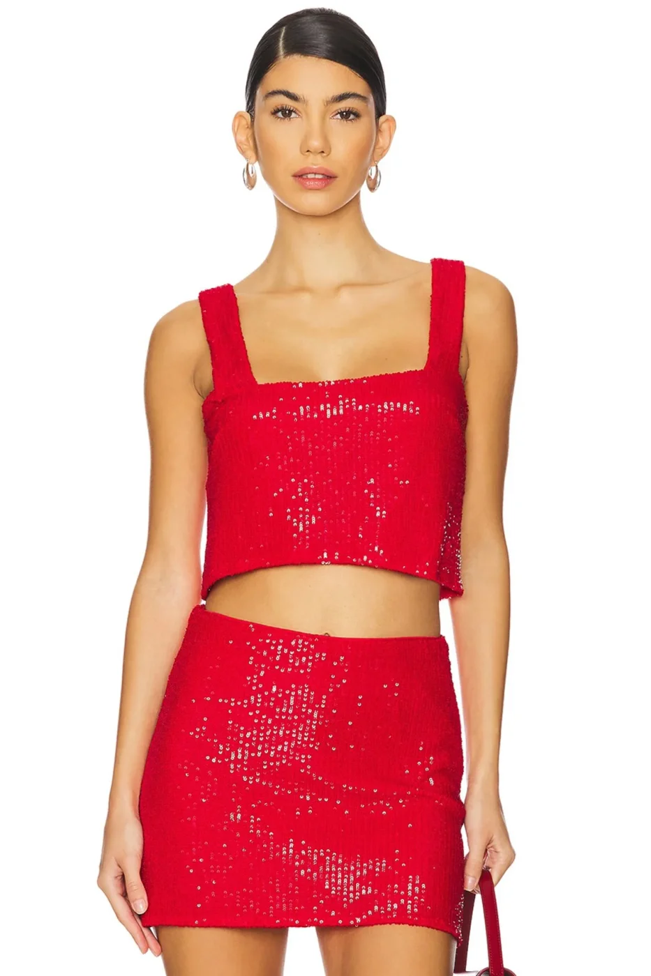 KADIN KIRMIZI PAYET İÇİ ASTARLI KARE YAKA CROP TOP