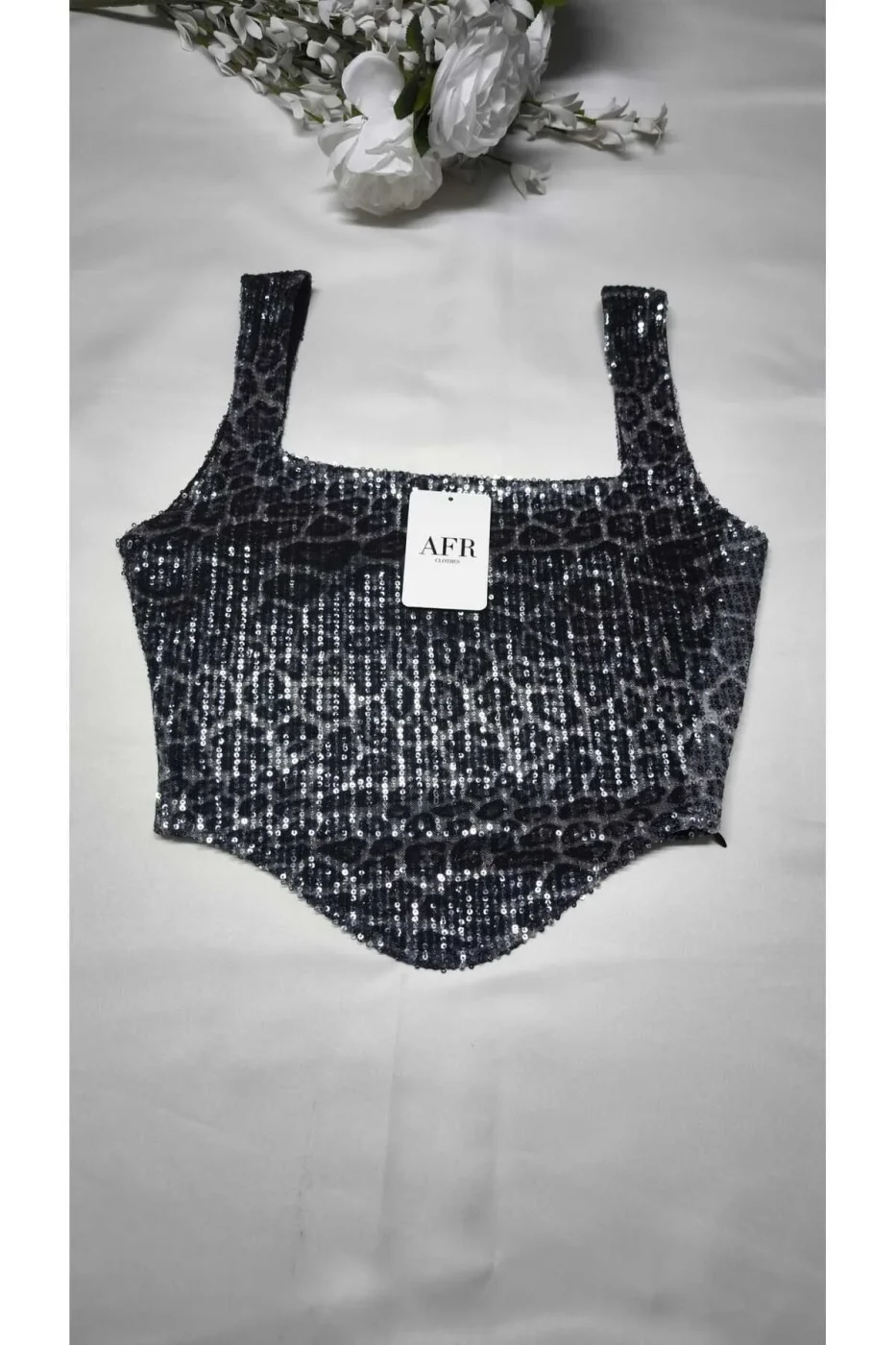 ÖZEL TASARIM KADIN SİYAH LEOPAR DESEN PAYET CROP TOP — 2