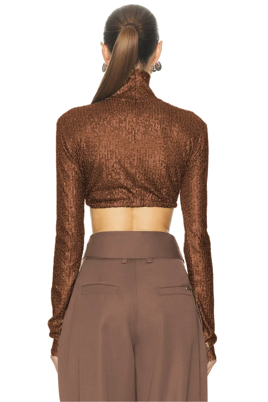 KADIN KAHVERENGİ PAYET BALIKÇI YAKA CROP TOP — 3