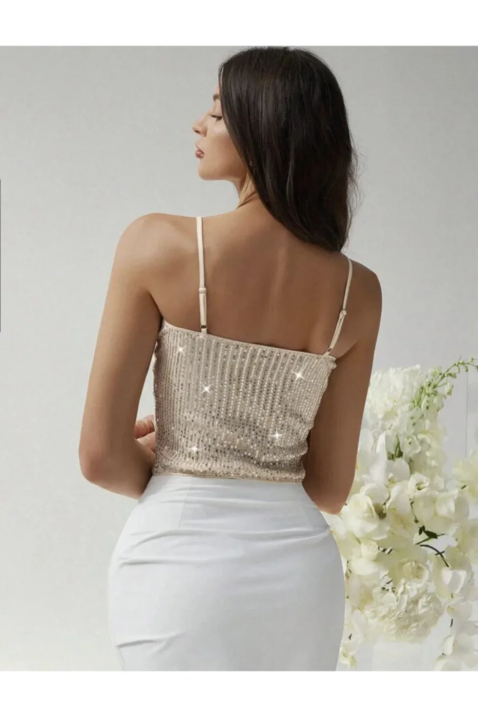 KADIN ASKILI İÇİ ASTARLI GOLD PAYET CROP TOP — 2