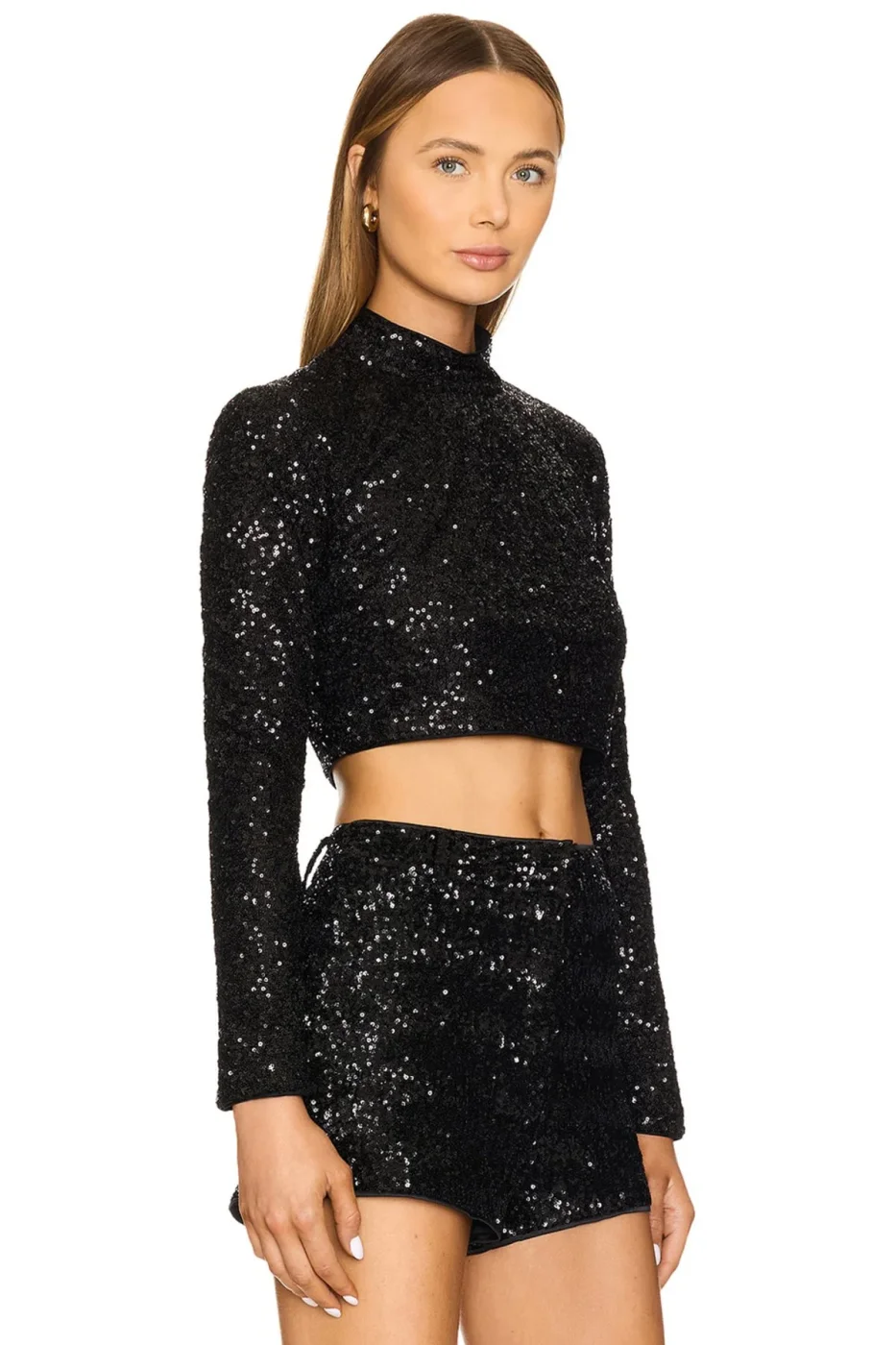 KADIN SİYAH PAYET YAKALI CROP TOP — 2