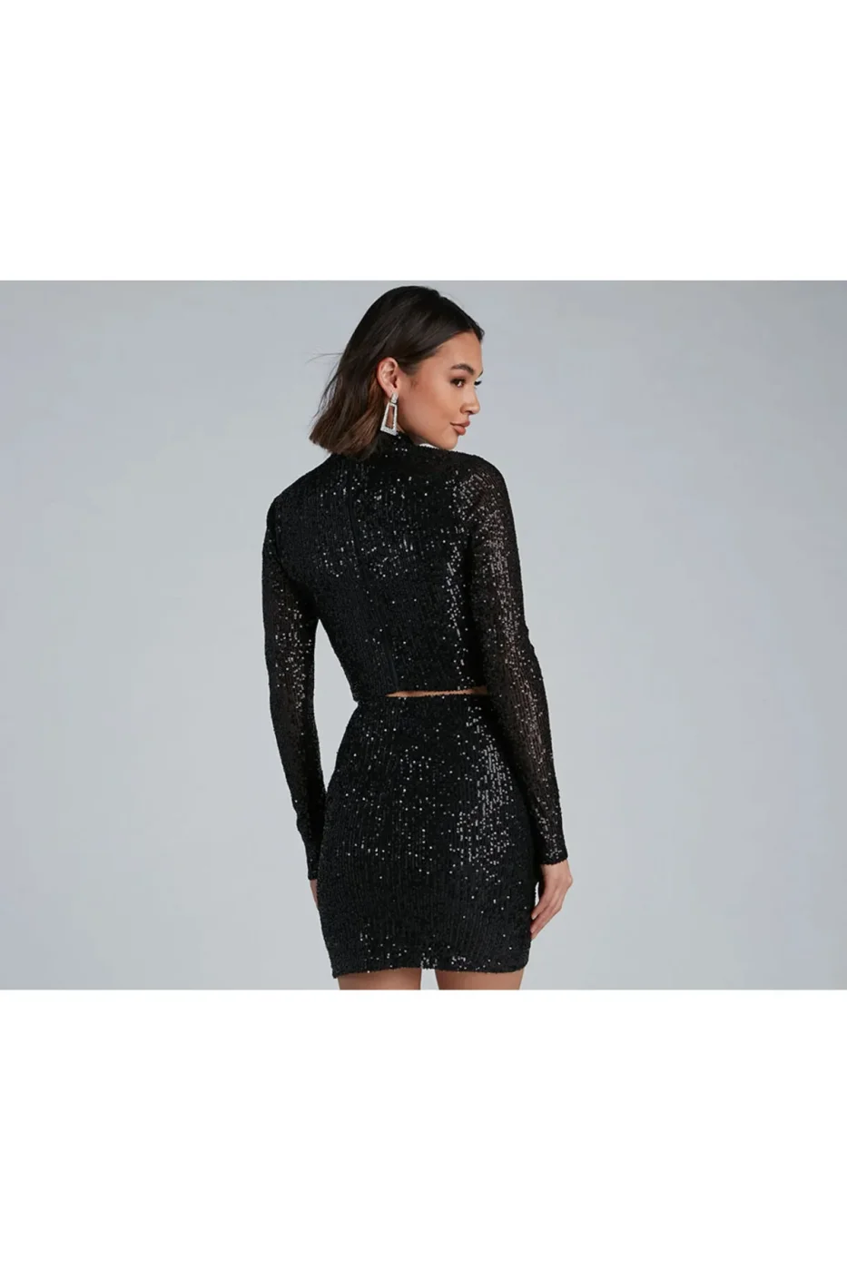 KADIN SİYAH BİSİKLET YAKA PAYET CROP TOP — 3