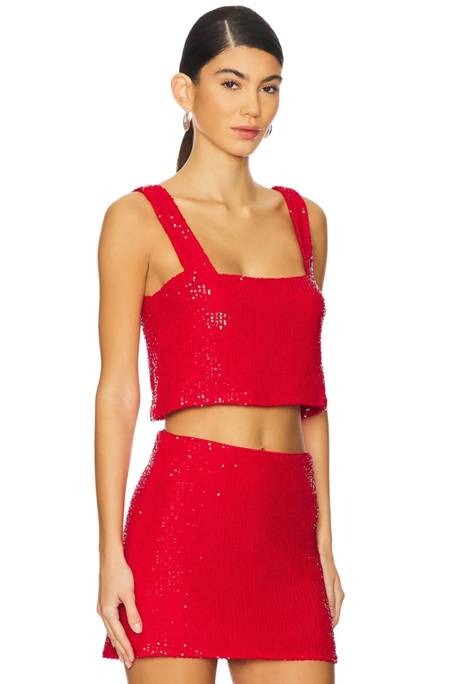 KADIN KIRMIZI PAYET İÇİ ASTARLI KARE YAKA CROP TOP — 3