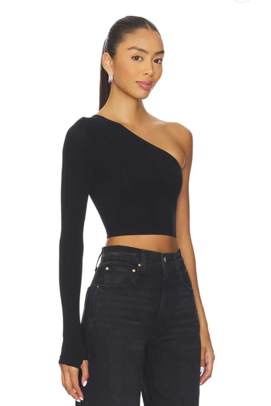 KADIN ASİMETRİK YAKA ÇİFT KAT KARSE TEK KOL CROP TOP — 3